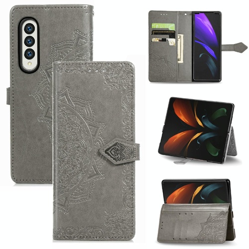 Embossed Mandala Leather Phone Case for Samsung Galaxy z Fold 4 - Gray - Main Image