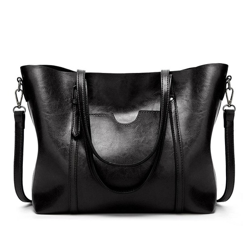 Stylish All-match Leather Handbag - Wax Finish - Black - Main Image