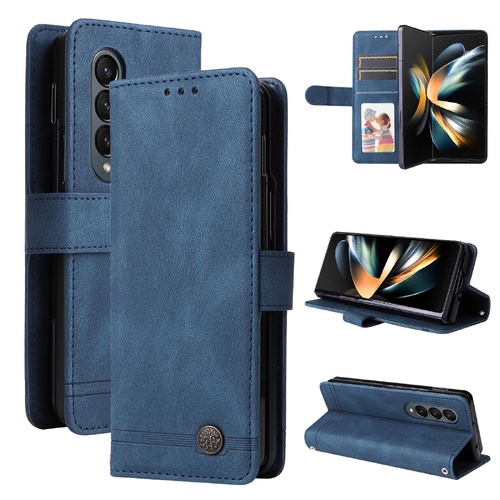 Metal Button Leather Case for Samsung Galaxy z Fold 4 / 5g - Tree Design - Blue - Main Image