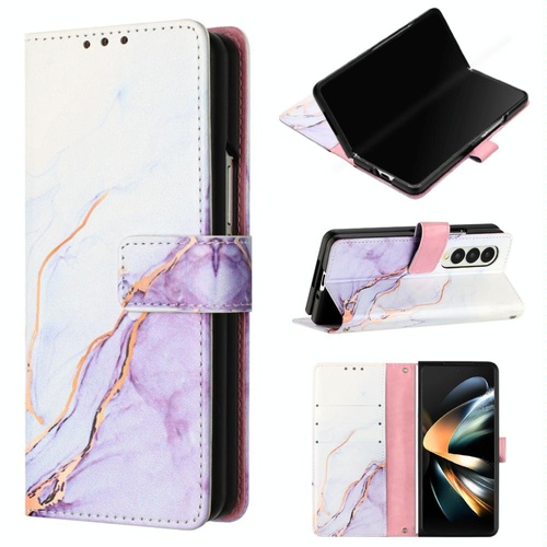 Marble Leather Flip Case for Samsung Galaxy z Fold 4 - White Purple Ls006 - Main Image