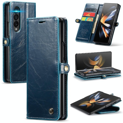 Premium Crazy Horse Leather Phone Case for Samsung Galaxy z Fold 4 - Blue - Main Image