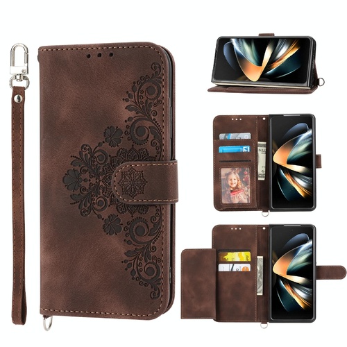 Floral Leather Phone Wallet for Samsung Galaxy z Fold 4 - Embossed - Brown - Main Image