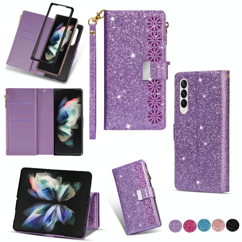 Sparkling Leather Zip Case for Samsung Galaxy z Fold 4 - Zipper Closure - Purple - Main Image