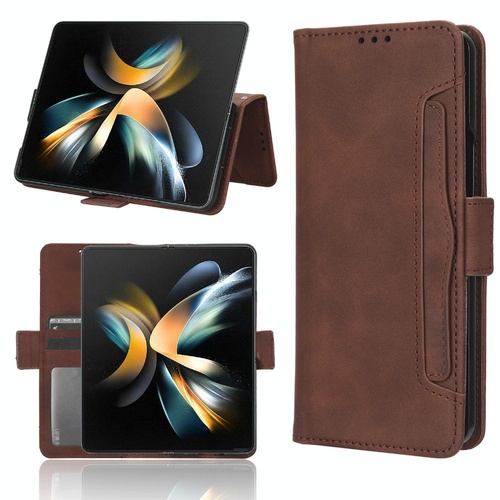 Samsung Galaxy z Fold 4 5g Leather Phone Case with Card Slots and Calf Texture - Brown - Main Image