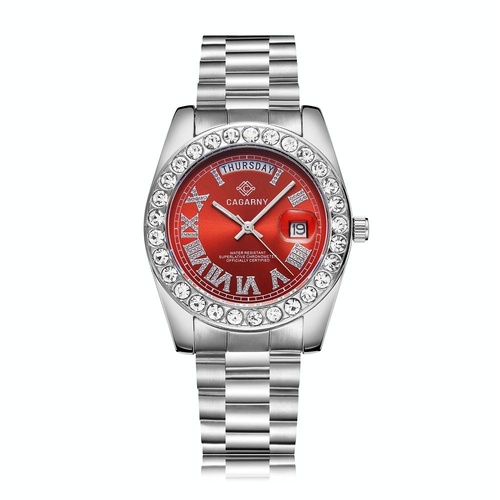 Men Quartz Watch with Diamond-encrusted Roman Numeral Dial - Silver Shell Red Dial - Main Image