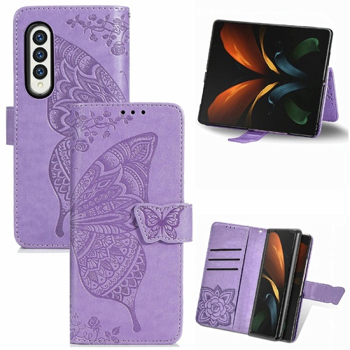 Embossed Butterfly Love Leather Case for Samsung Galaxy z Fold 4 - Flower Design - Light Purple - Main Image