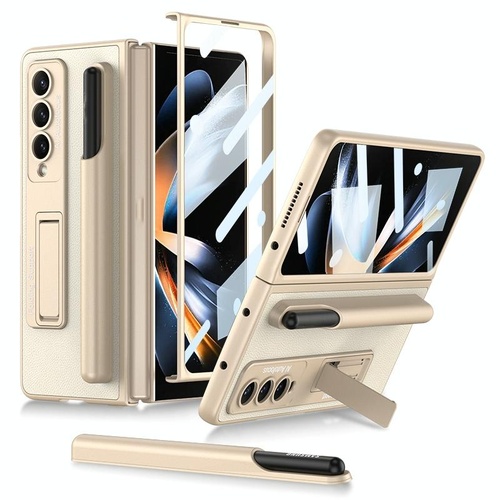 Leather Case with Holder & Pen Slots for Samsung Galaxy z Fold 4 - Thin & Shockproof - Gold - Main Image