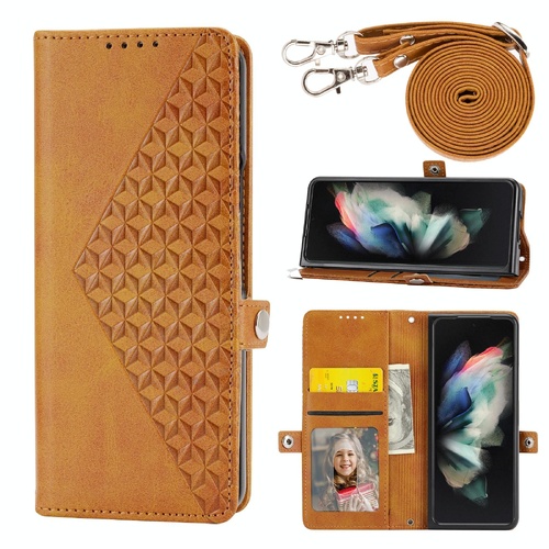 Leather Grid Texture Phone Case with Lanyard for Samsung Galaxy z Fold 4 - Yellow - Main Image