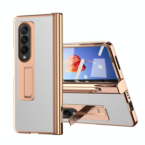 Premium Litchi Leather Hinged Phone Case for Samsung Galaxy z Fold 4 - with Pen - White - Main Image