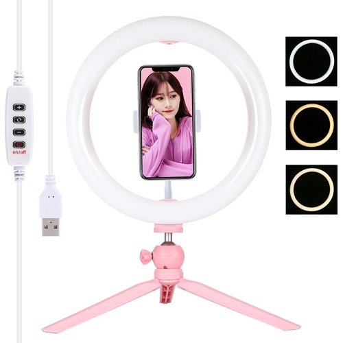 10.2 Led Ring Light with Tripod and Phone Clamp - 3 Modes Dual Colour Temperature Dimmable - Pink - Main Image