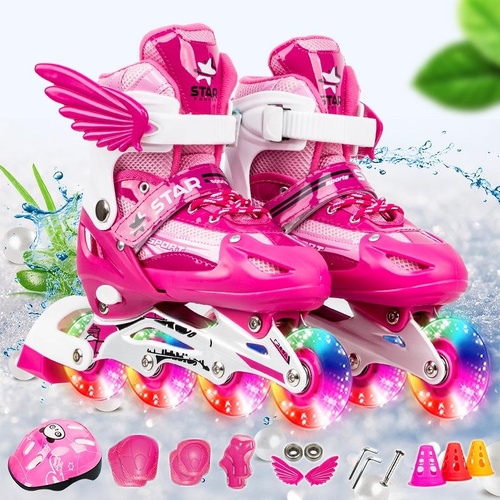 Adjustable Kids Roller Skates Set - Single Flash Wheels - Size s - Pink - Main Image