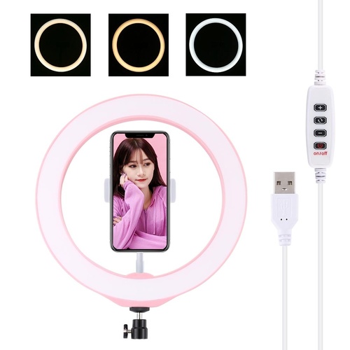 26cm Dimmable Led Ring Light with Tripod and Phone Clamp - Pink - Main Image