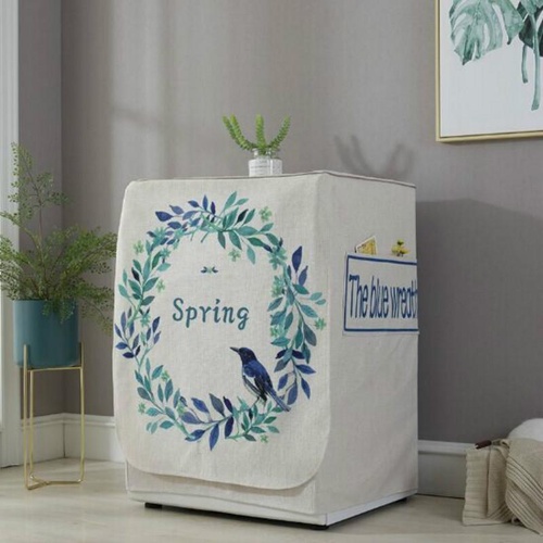 Cartoon Cotton Linen Drum Roller Washing Machine Dust Cover - 83x60x60cm Size - Blue Flower - Main Image