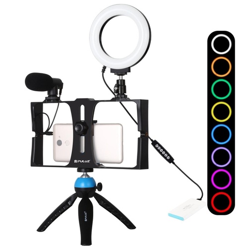 Vlogging Live Broadcast Smartphone Video Rig With 4.7 Inch Rgbw Ring Led Selfie Light Microphone And Pocket Tripod Mount Kit - Blue - Main Image