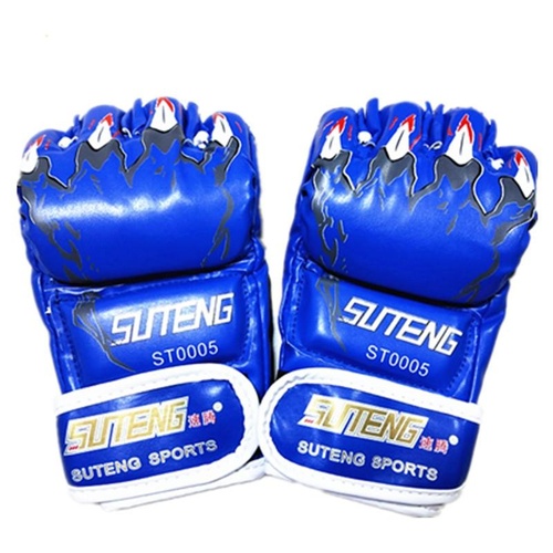 Adults Half-Finger Pu Leather Boxing Gloves - Blue Training - Main Image