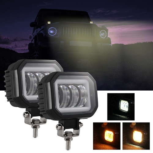 2 Pcs Car 4 Inch Square Spotlight Work Light With Angel Eyes Yellow Light - Main Image