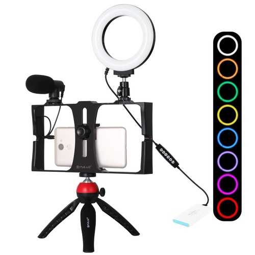 Vlogging Live Broadcast Smartphone Video Rig With 4.7 Inch Rgbw Ring Led Selfie Light Microphone And Pocket Tripod Mount Kit - Red - Main Image