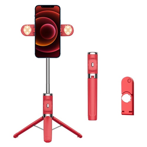 Bluetooth Remote Selfie Stick with Dual Fill Light and Tripod - Red - Main Image