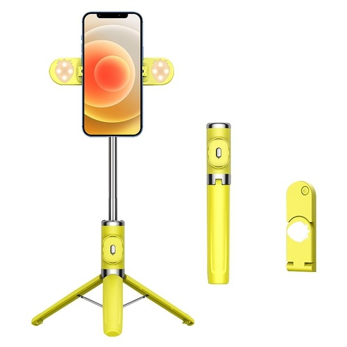 Bluetooth Remote Selfie Stick with Dual Fill Light and Tripod - Yellow - Main Image
