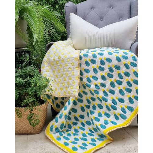 GOTS Certified Organic Cotton Reversible Baby Quilt (100x120cm) - Blue Pineapple - Main Image