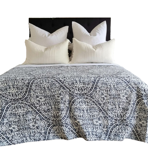 Boho Blue Kantha Bedspread Coverlet - Blue - Main Image