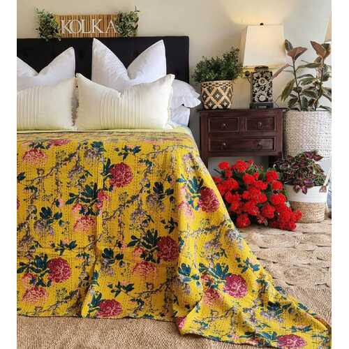 Mustard Peony Kantha Bedspread Coverlet - Mustard (King - 228 cm x 274 cm) - Main Image