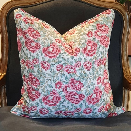 Kolka Peonies Soft Cotton Voile Decorative Hand Block-Printed Cushion - Ruby - Main Image
