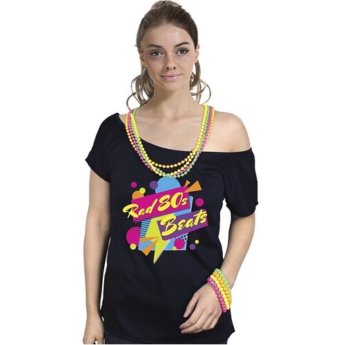 Rad 80s Beats Womens T Shirt Costume Ladies 1980s Fancy Dress Up Top - Black - Main Image