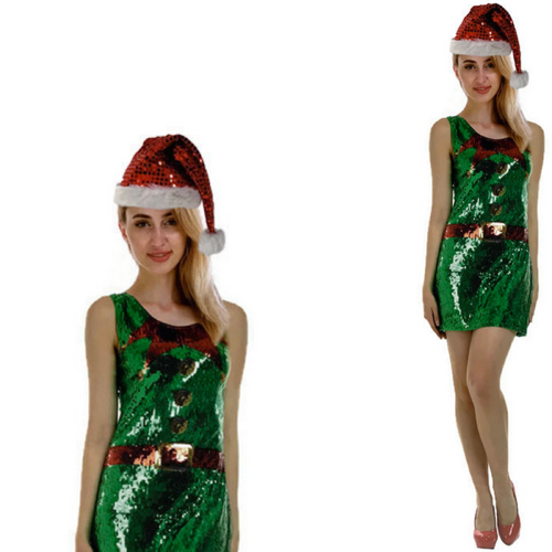 Womens Christmas Sequin Elf Dress Costume Party Dress Up Xmas Ladies - Main Image