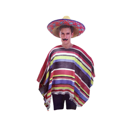 Mens MEXICAN PONCHO Spanish Costume Wild West Cowboy Party Bandit Fiesta - Main Image