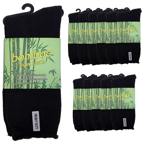 12 Pairs PREMIUM BAMBOO SOCKS Mens Heavy Duty Thick Work Socks Cushion BULK  - Black - 6-11 - Main Image