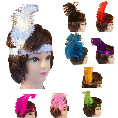 12x 1920s FLAPPER HEADBAND Headpiece Feather Sequin Charleston Gatsby Party BULK - Assorted Colours Pack - Main Image