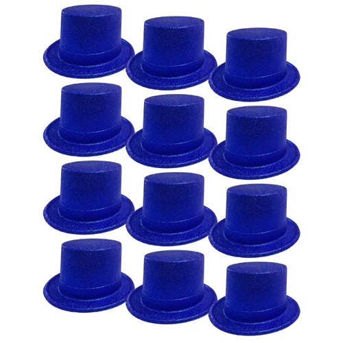 12x GLITTER TOP HAT Fancy Party Plastic Costume Tall Cap Fun Dress Up BULK - Blue - Main Image