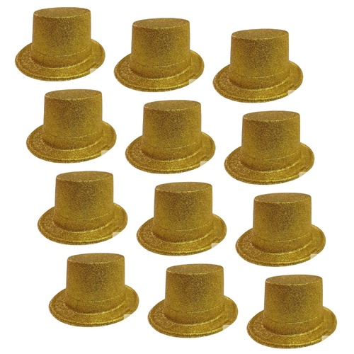 12x GLITTER TOP HAT Fancy Party Plastic Costume Tall Cap Fun Dress Up BULK - Yellow/Gold - Main Image