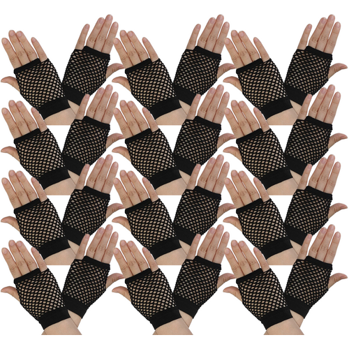 12 Pair Fishnet Gloves Fingerless Wrist Length 70s 80s Costume Party - Black - Main Image