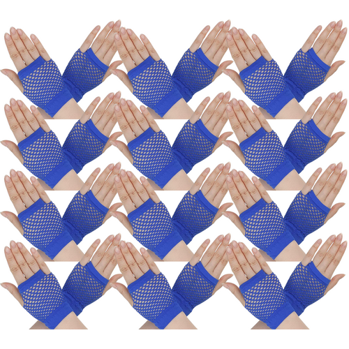 12 Pair Fishnet Gloves Fingerless Wrist Length 70s 80s Costume Party Bulk - Blue - Main Image