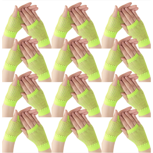 12 Pair Fishnet Gloves Fingerless Wrist Length 70s 80s Costume Party - Fluro Yellow - Main Image