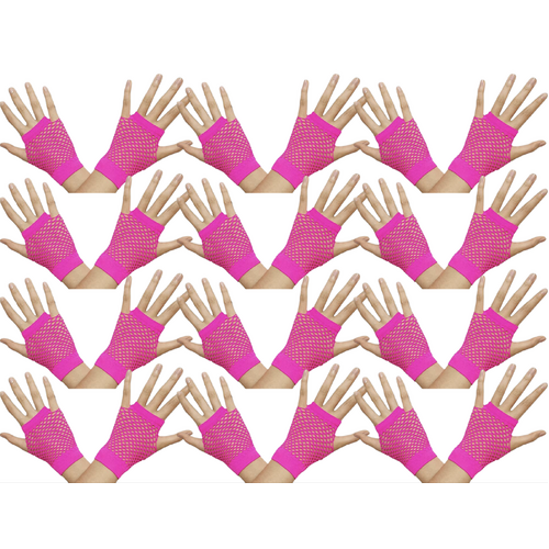 12 Pair Fishnet Gloves Fingerless Wrist Length 70s 80s Costume Party - Hot Pink - Main Image