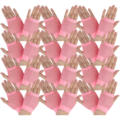 12 Pair Fishnet Gloves Fingerless Wrist Length 70s 80s Costume Party -Light Pink - Main Image