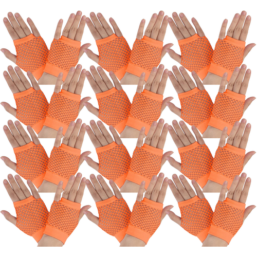 12 Pair Fishnet Gloves Fingerless Wrist Length 70s 80s Costume Party - Orange - Main Image