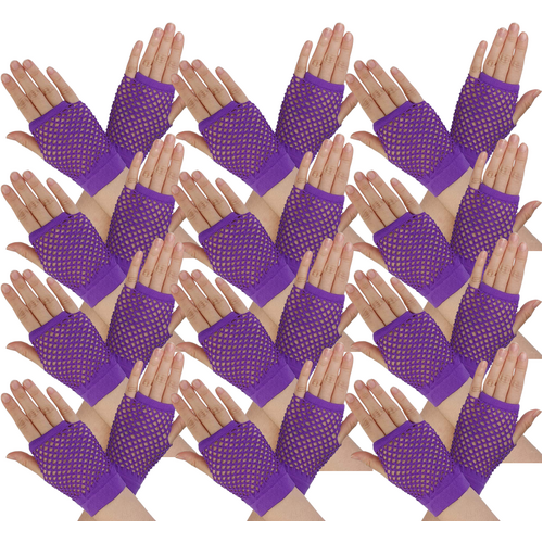 12 Pair Fishnet Gloves Fingerless Wrist Length 70s 80s Costume Party - Purple - Main Image
