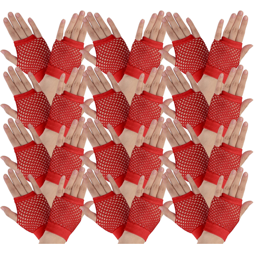 12 Pair Fishnet Gloves Fingerless Wrist Length 70s 80s Costume Party Bulk - Red - Main Image