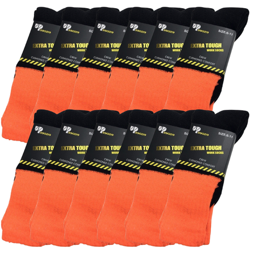 12x Pairs HI VIS SOCKS Workwear Work Safety High Visibility Fluro Cushioned BULK - Orange - 6-11 - Main Image