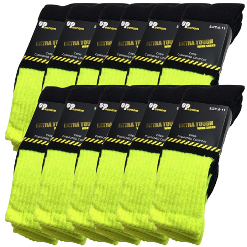 12x Pairs HI VIS SOCKS Workwear Work Safety High Visibility Fluro Cushioned BULK - Yellow - 6-11 - Main Image