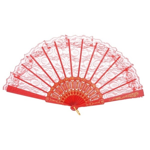 LACE FAN Hand Folding Wedding Party Bridal Spanish Costume Accessory - Red - Main Image