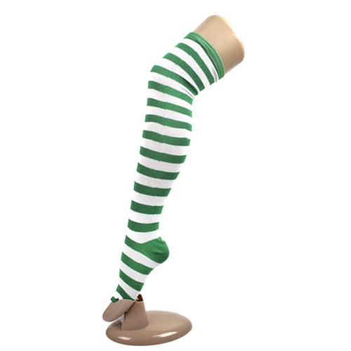 OVER THE KNEE SOCKS Plain Striped High Thigh Ladies Long Womens Stripey Stocking - Dark Green/White - Main Image