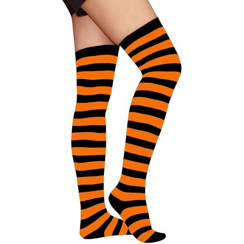 OVER THE KNEE SOCKS Plain Striped High Thigh Ladies Long Womens Stripey Stocking - Orange/Black - Main Image