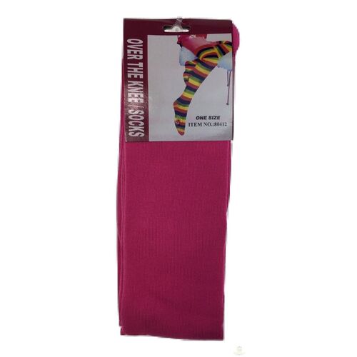 OVER THE KNEE SOCKS Plain Striped High Thigh Ladies Long Womens Stripey Stocking - Plain Pink - Main Image