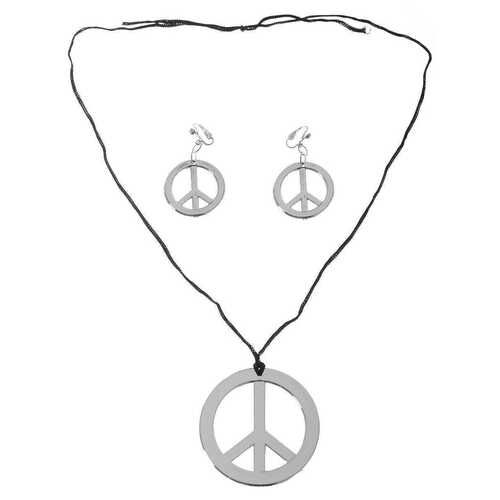 HIPPIE Necklace & Earring Set Peace Signs Party Costume Halloween 60s 70s - Silver - Main Image