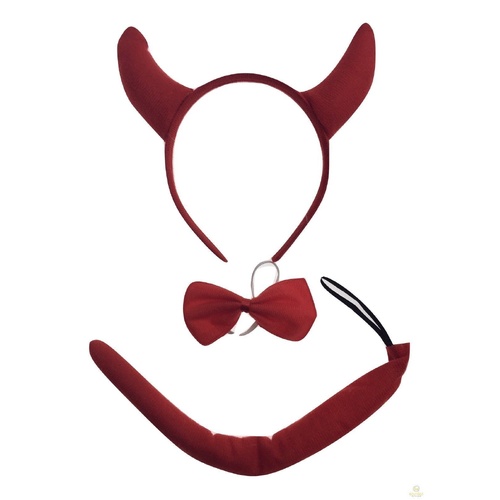 DEVIL HEADBAND Red Furry Horns Ears Marabou Trim Halloween Shiny Headpiece - Main Image
